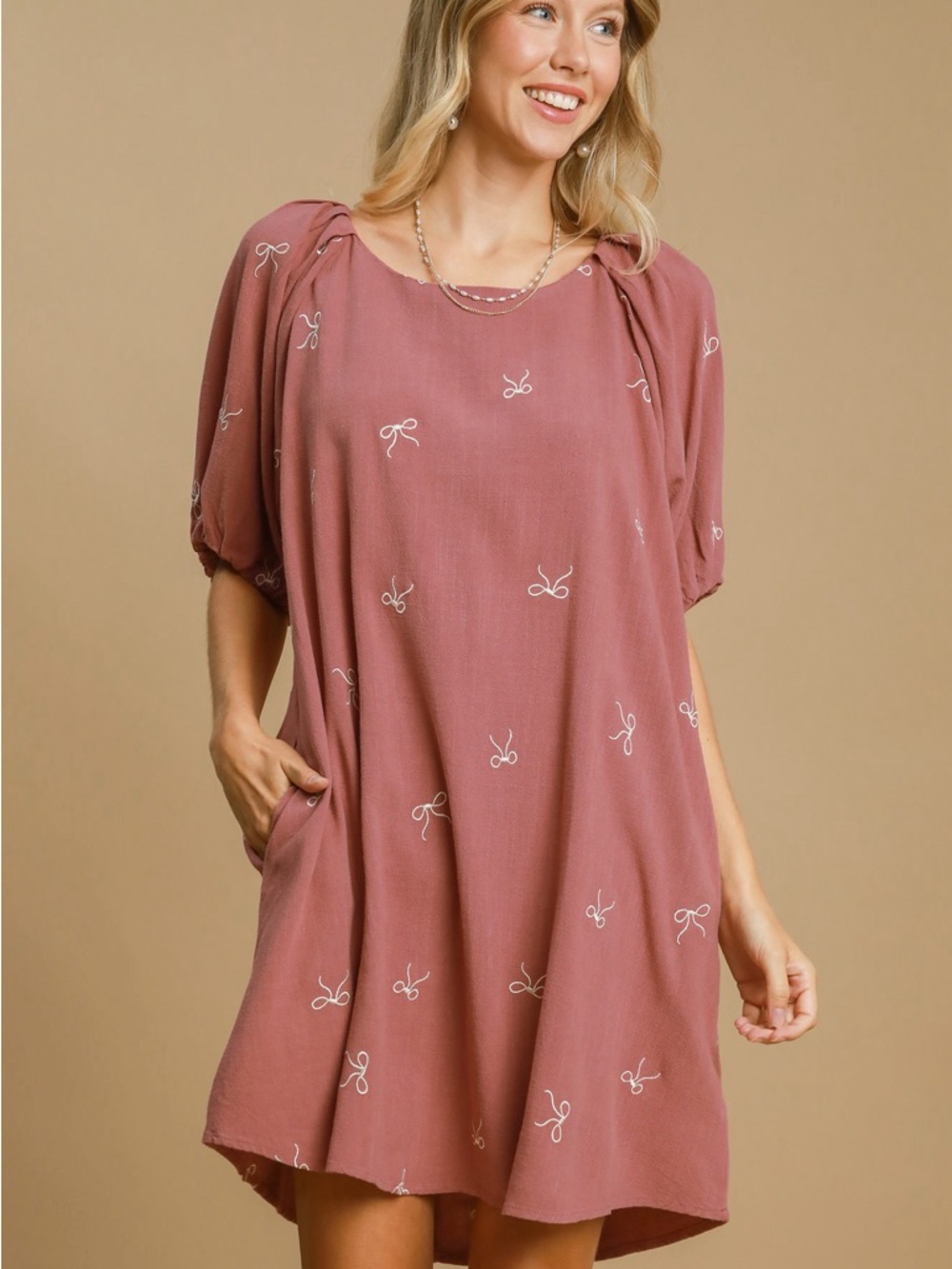 Umgee Dusty Rose Mini Dress with White Bow Embroidery